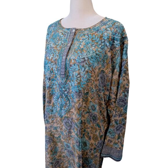Indian Blue Hand Embroidered Silk Tunic Kurta Dress Size XL - Picture 2 of 9